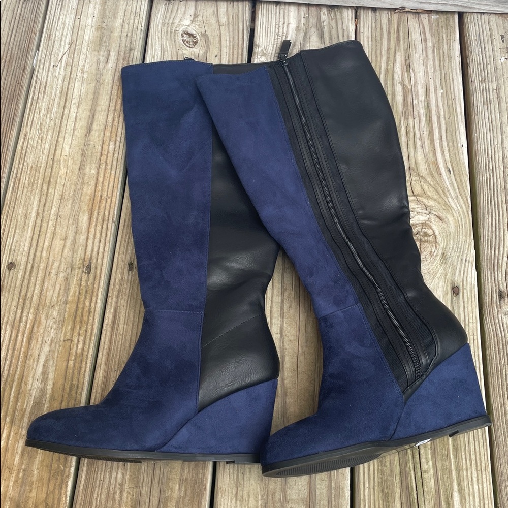 Torrid Women’s Blue Faux Suede Black Faux Leather Wedge Knee High Boots Size 9W